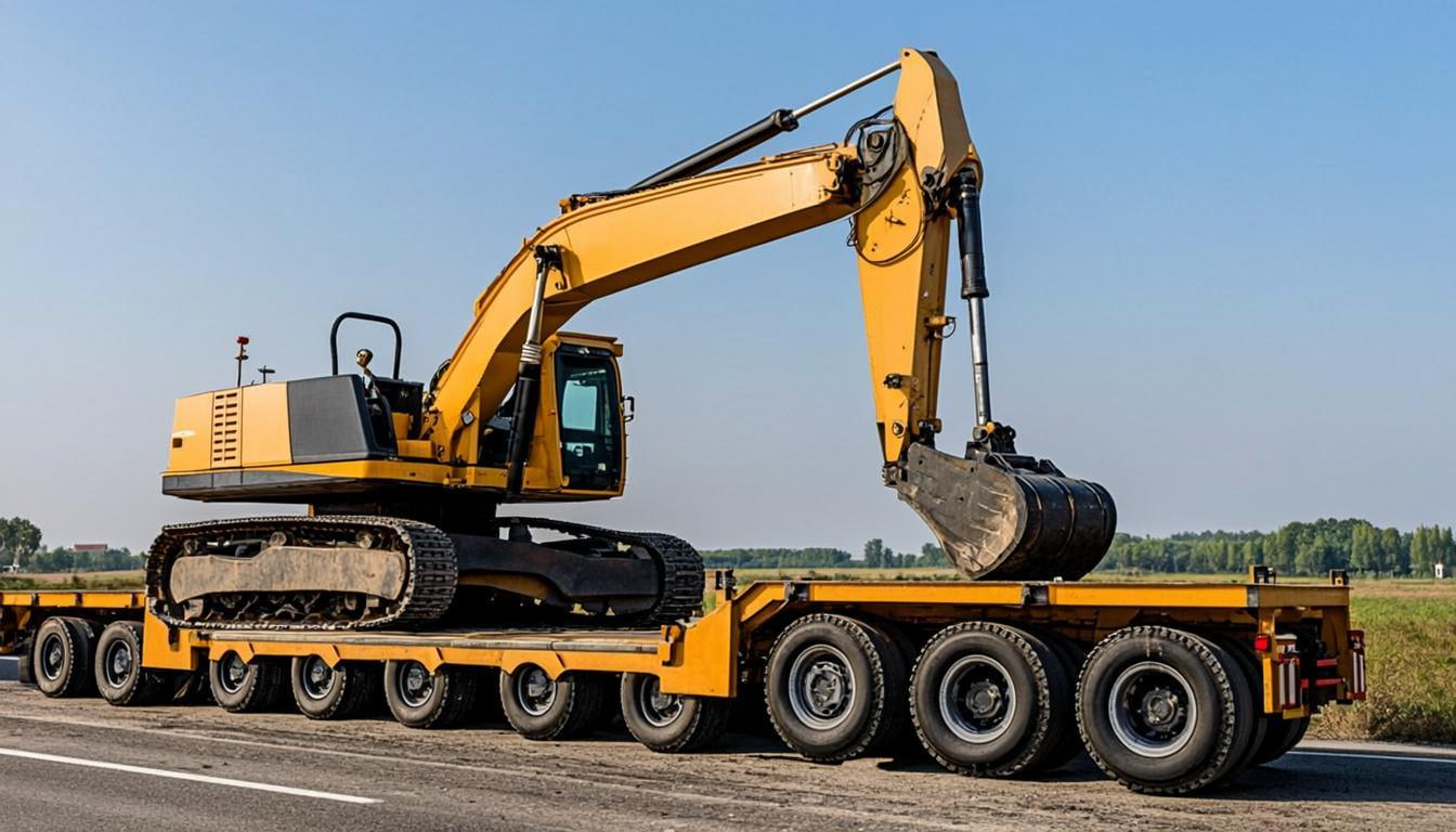 Low-bed trailer transporting heavy excavator machinery on Indian road